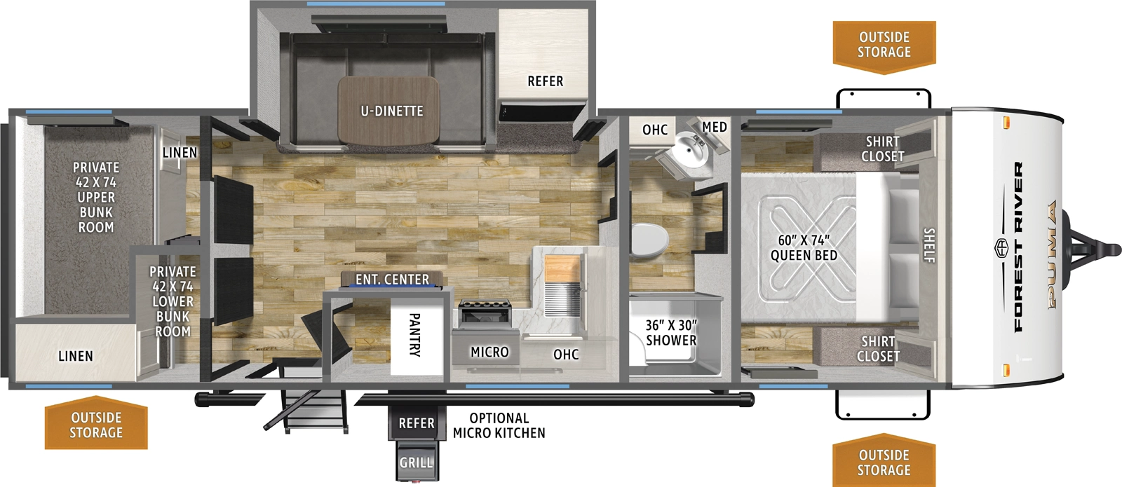 The Puma Camping Edition 263BHCE floorplan has one entry and one slide out. Exterior features include: metal exterior and outside kitchen. Interiors features include: bunk beds, u-dinette, front bedroom and pass through bathroom.
